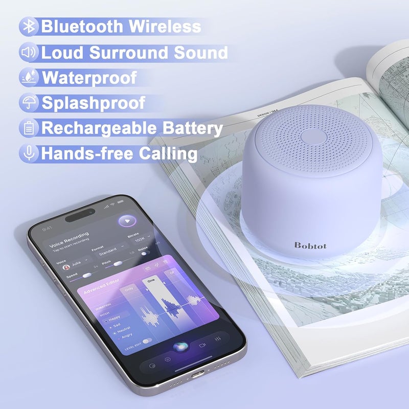 Bobtot Portable Bluetooth Speakers with Strap Easy to Carry, Wireless IPX5 Waterproof Mini Speaker with Loud Stereo Sound, 20 Hours Playtime, Rechargeable Battery, Built-in Microphone, Purple - Image 2